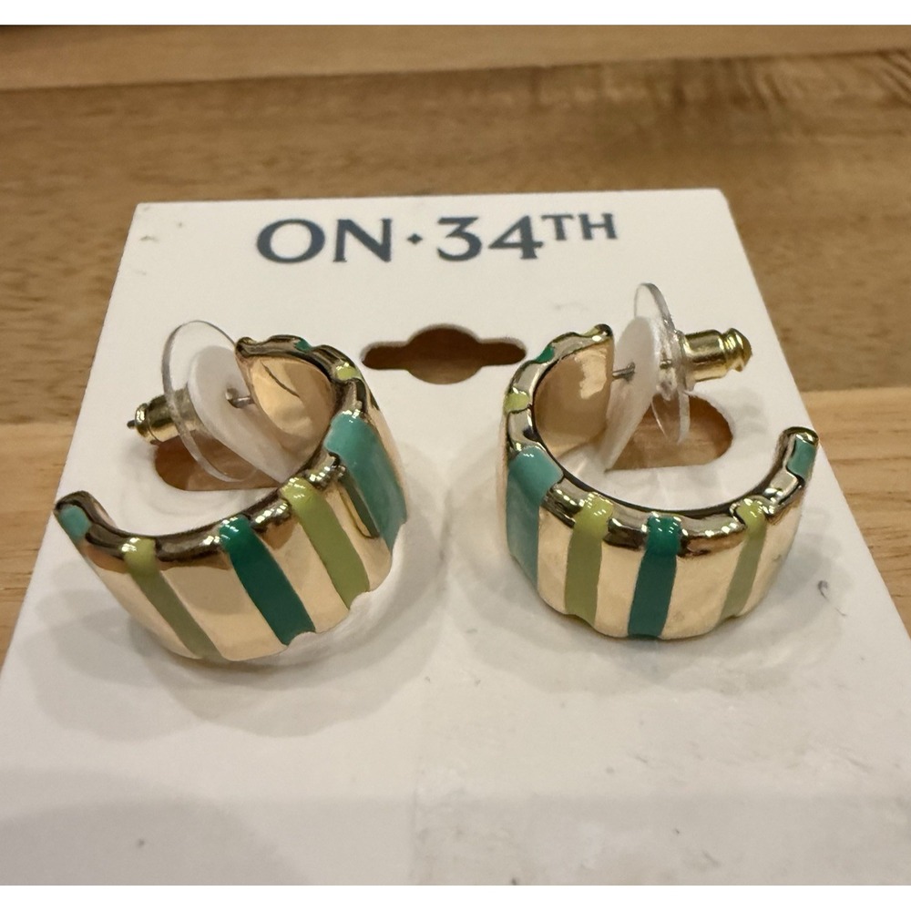 On 34th Gold Tone Blue &‎ Green Enamel Striped Open Hoop Stud Earrings 1 "
